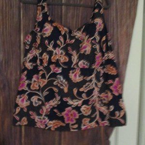 Land's End EUC Navy w Hot pink orange white filigree print Tankini Top 20W